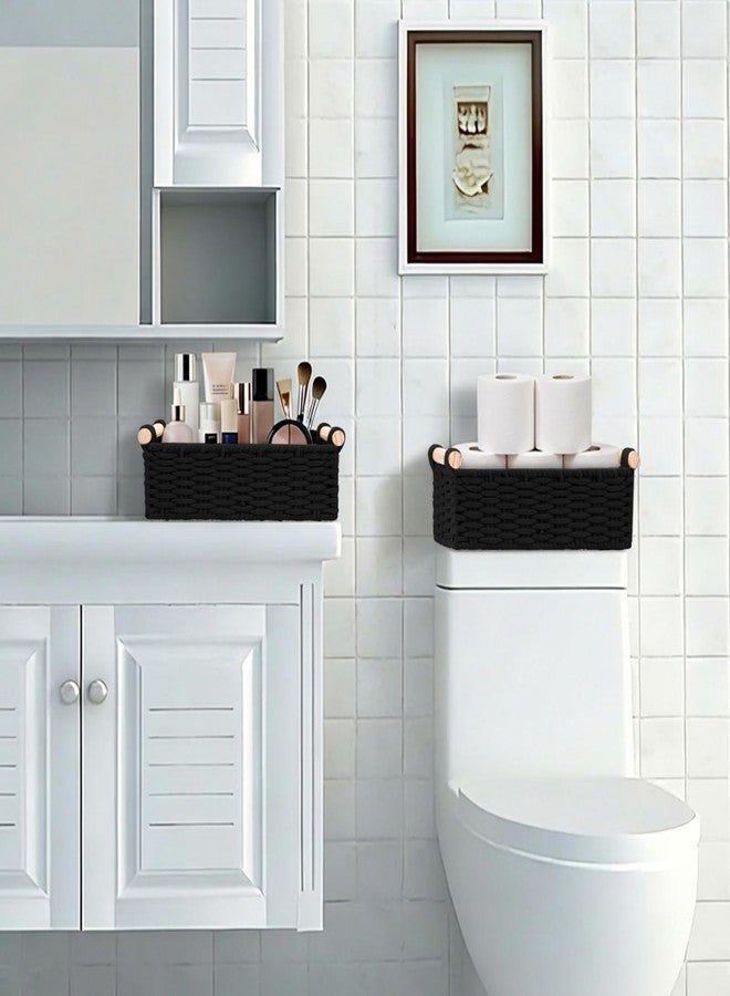 Jukercici Boho Cotton Rope Storage Baskets Set of 2, Woven Wicker Organizer Bins with Wooden Handles, Small Decorative Boxes for Organizing, Toilet Paper Baskets for Bathroom Countertop, Shelves (Black 2 Pack) - Image 5