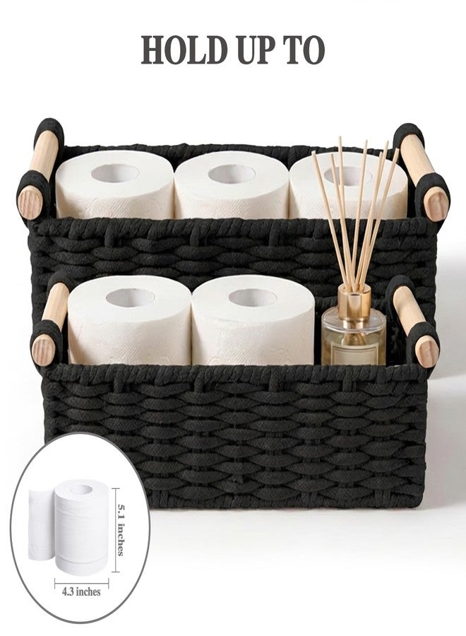 Jukercici Boho Cotton Rope Storage Baskets Set of 2, Woven Wicker Organizer Bins with Wooden Handles, Small Decorative Boxes for Organizing, Toilet Paper Baskets for Bathroom Countertop, Shelves (Black 2 Pack) - Image 3