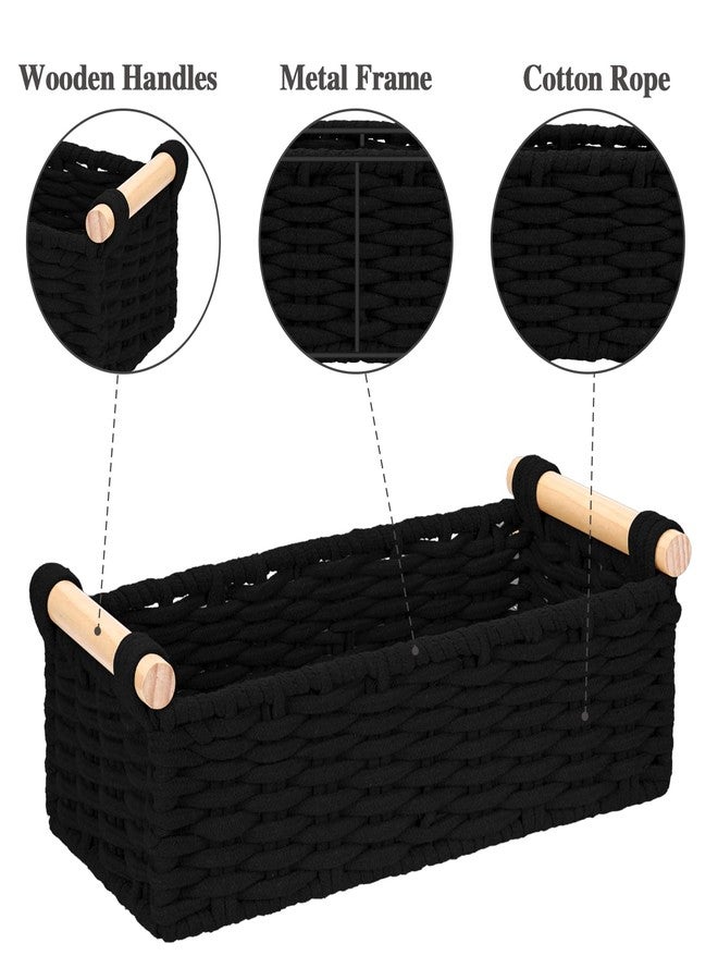 Jukercici Boho Cotton Rope Storage Baskets Set of 2, Woven Wicker Organizer Bins with Wooden Handles, Small Decorative Boxes for Organizing, Toilet Paper Baskets for Bathroom Countertop, Shelves (Black 2 Pack) - Image 4