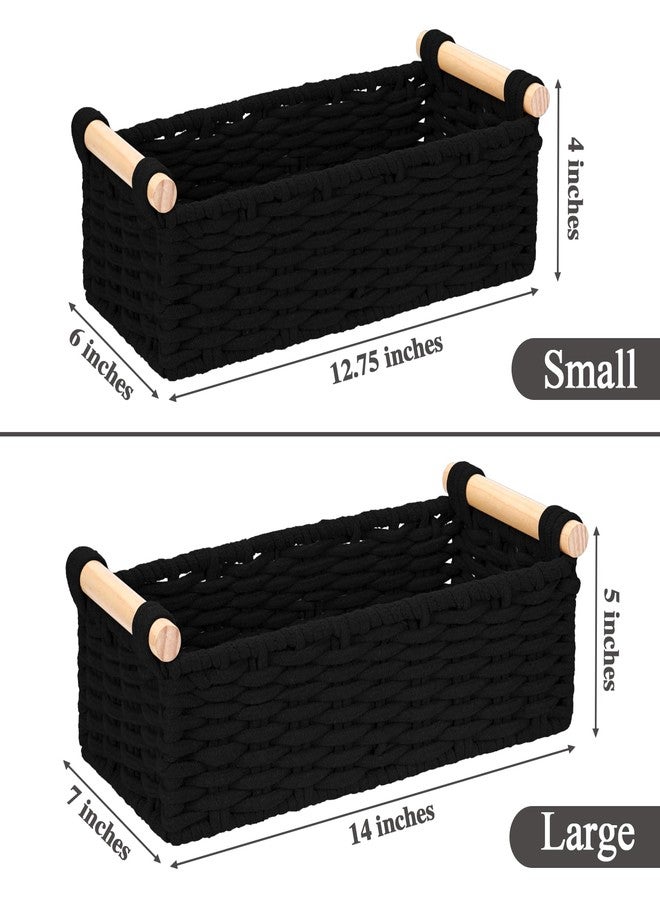 Jukercici Boho Cotton Rope Storage Baskets Set of 2, Woven Wicker Organizer Bins with Wooden Handles, Small Decorative Boxes for Organizing, Toilet Paper Baskets for Bathroom Countertop, Shelves (Black 2 Pack) - Image 2
