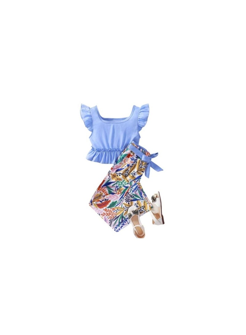 Girls' set consisting of a blue T-shirt and floral pants 