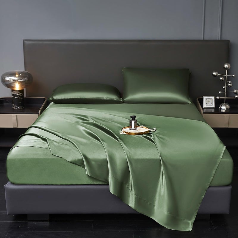 Revdomfly 4 Pcs Queen Size Luxury Silky Soft Olive Green Satin Sheet Set1 Premium Moisture Wicking Fitted Sheet Fits Up to 16 Inches Deep Pocket  1 Flat Sheet  2 PillowcasesOlive Green Queen