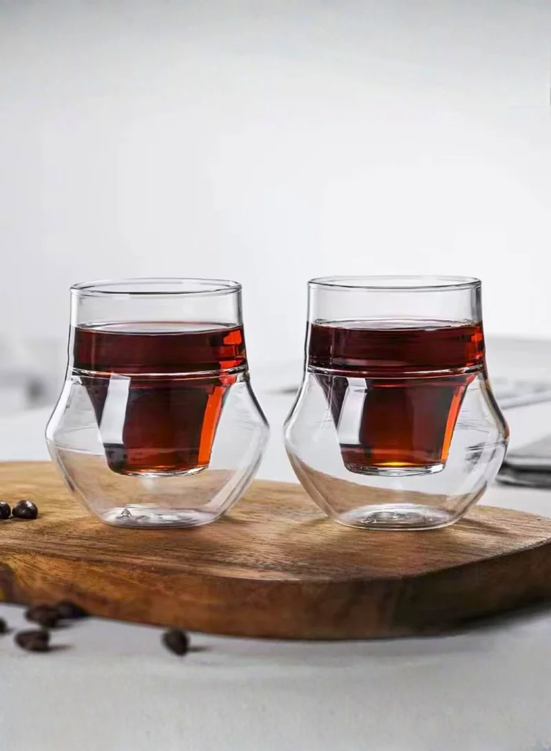 1Chase Double Wall Insulated Coffee Glass Cup Set, 100ml, Borosilicate Heat Resistant, Modern Curved Design for Hot and Cold Beverages, 2 Piece