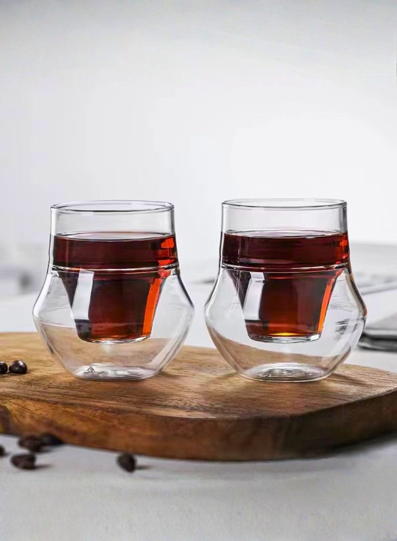 1 تشيس طقم أكواب قهوة زجاجية معزولة بجدار مزدوج، 100 مل، مقاومة للحرارة من البورسليكات، تصميم منحني عصري للمشروبات الساخنة والباردة، قطعتين - Image 1