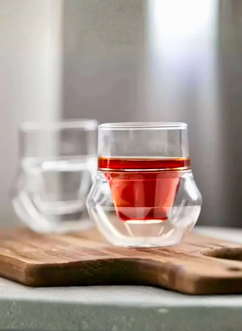 1Chase Double Wall Insulated Coffee Glass Cup Set, 100ml, Borosilicate Heat Resistant, Modern Curved Design for Hot and Cold Beverages, 2 Piece