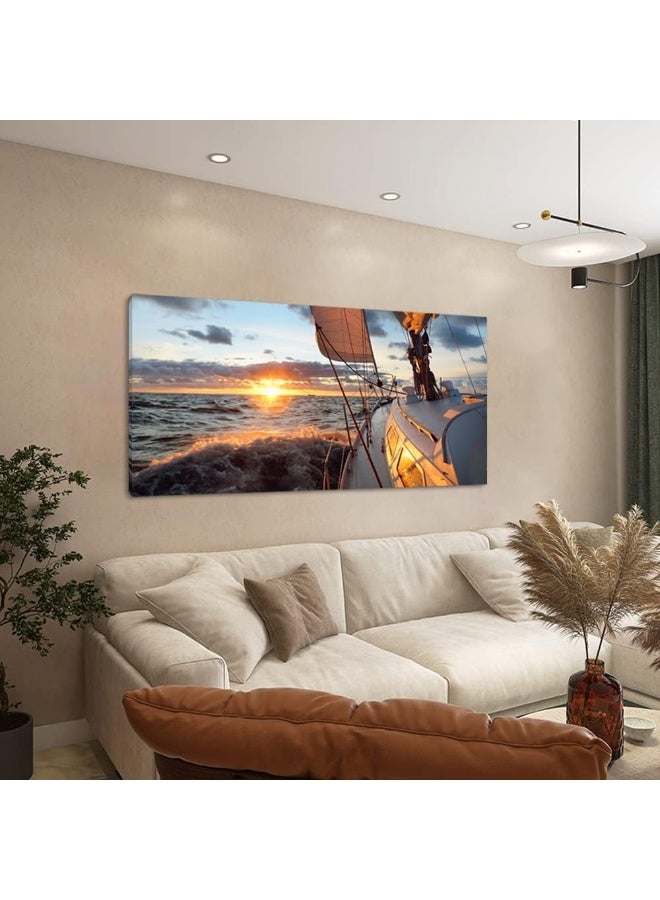 Home Trove Yacht Sailing In Sea At Sunset Scenery Canvas Wall Art For Living Room Bathroom  - Image 3