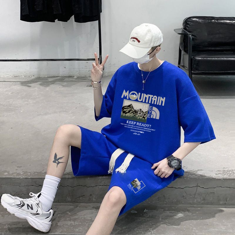 Sportswear Suit Mens Summer Short-Sleeved Shirt Basketball Jersey Casual Shorts Two-Piece Set Korean Style Trend Blue set