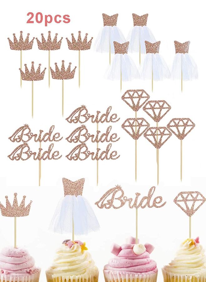 20pcs Rose Gold Glitter Bride To Be Cupcake Toppers with Diamond Crown Bride 3D Tulle Dress Cake Toppers for Bridal Shower Supplies Wedding Engagement Bachelorette Party Decorations - Image 1