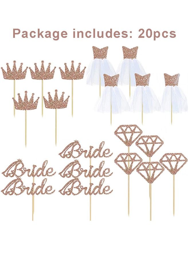 20pcs Rose Gold Glitter Bride To Be Cupcake Toppers with Diamond Crown Bride 3D Tulle Dress Cake Toppers for Bridal Shower Supplies Wedding Engagement Bachelorette Party Decorations - Image 2