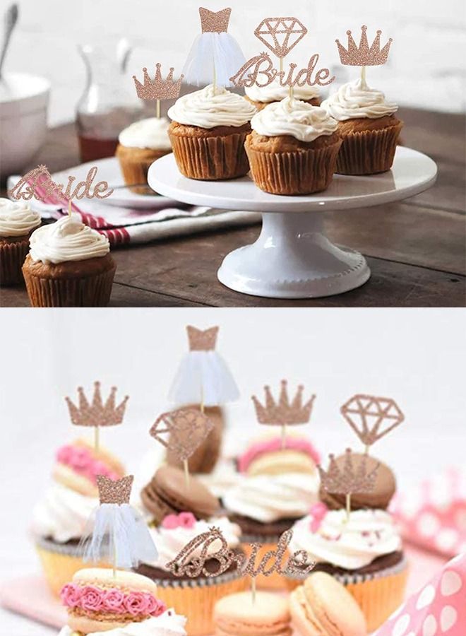 20pcs Rose Gold Glitter Bride To Be Cupcake Toppers with Diamond Crown Bride 3D Tulle Dress Cake Toppers for Bridal Shower Supplies Wedding Engagement Bachelorette Party Decorations - Image 5