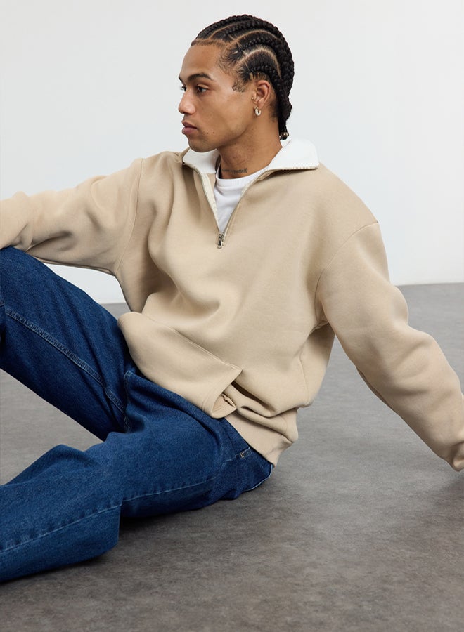 trendyol Beige Oversize/Wide Cut Stand Collar Zippered Polar Fleece Inside/Warm Sweatshirt TMNAW25SW00081 - Image 2