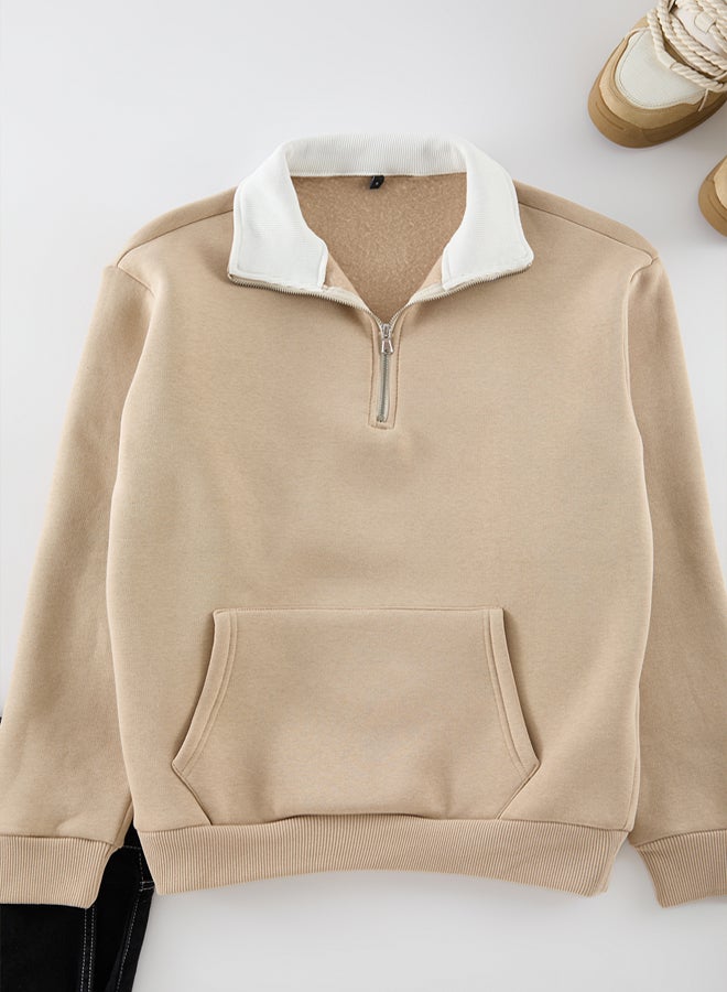 trendyol Beige Oversize/Wide Cut Stand Collar Zippered Polar Fleece Inside/Warm Sweatshirt TMNAW25SW00081 - Image 5