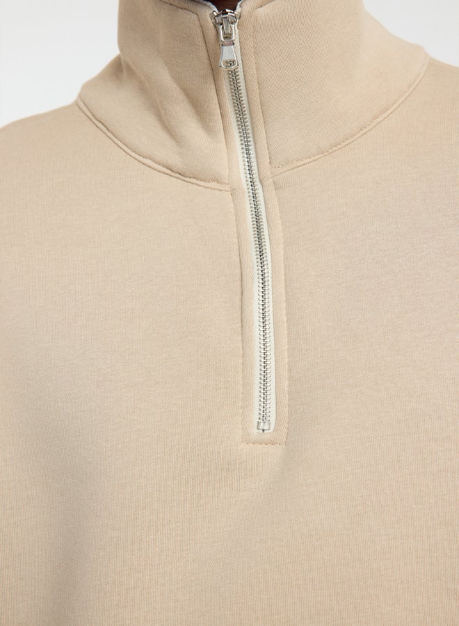 trendyol Beige Oversize/Wide Cut Stand Collar Zippered Polar Fleece Inside/Warm Sweatshirt TMNAW25SW00081 - Image 4