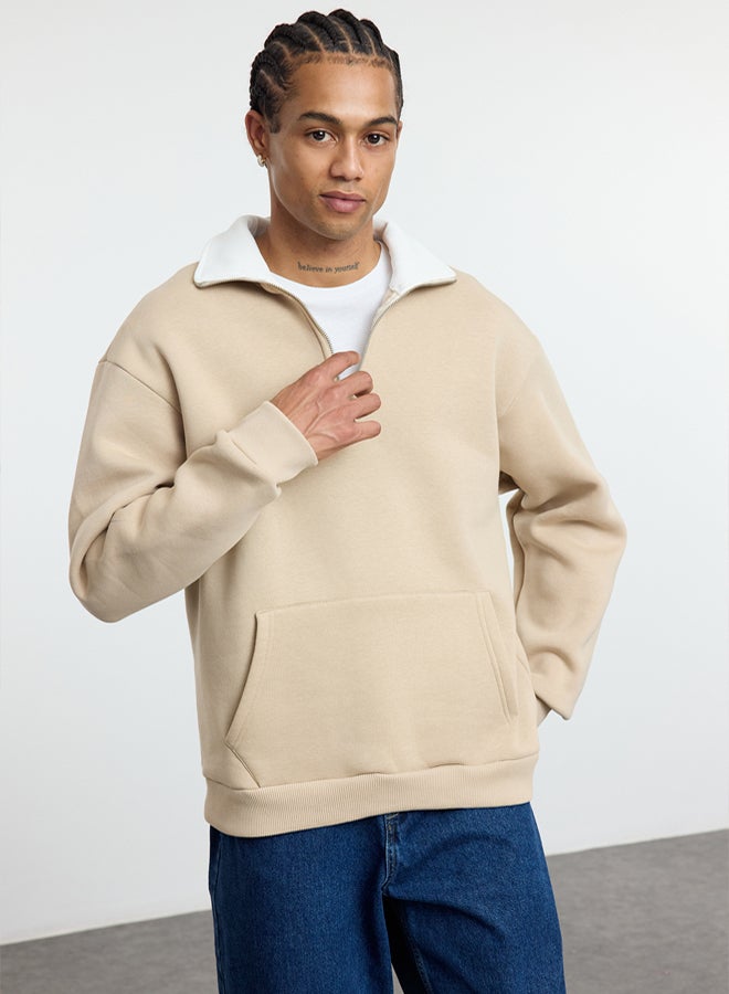 trendyol Beige Oversize/Wide Cut Stand Collar Zippered Polar Fleece Inside/Warm Sweatshirt TMNAW25SW00081 - Image 1