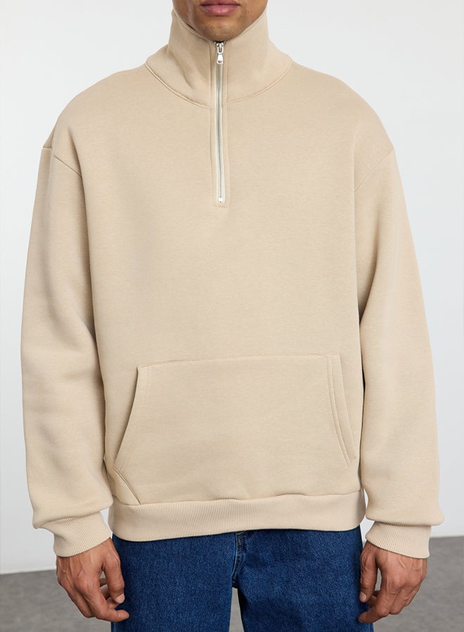 trendyol Beige Oversize/Wide Cut Stand Collar Zippered Polar Fleece Inside/Warm Sweatshirt TMNAW25SW00081 - Image 3