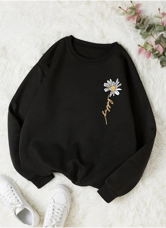 Kotty Floral Graphic Print Dropped Sleeves Sweatshirt