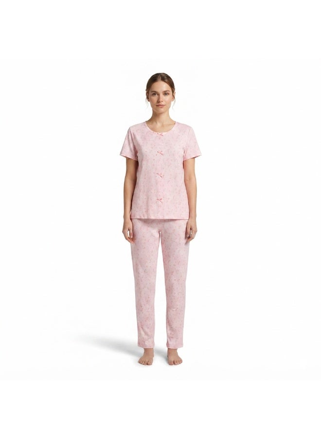 JOANNA 2-Piece Pajama Set Short Sleeve Top and Long Pants Soft Printed Sleepwear for Women - Image 1