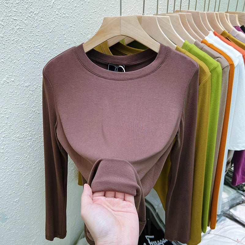 avocado green 2024 Early Spring and Autumn New Round Neck Ladies Backing Shirt Inner Slim Long Sleeve T-shirt Color Top Brown