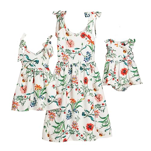 PopReal Mommy and Me Floral Printed Sleeveless Bowknot Chiffon Beach Romper Family Match Dress,White,baby-9-12months - Image 1