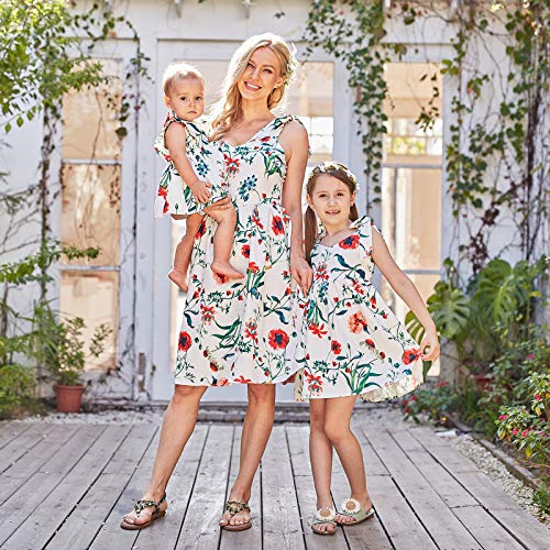 PopReal Mommy and Me Floral Printed Sleeveless Bowknot Chiffon Beach Romper Family Match Dress,White,baby-9-12months - Image 2