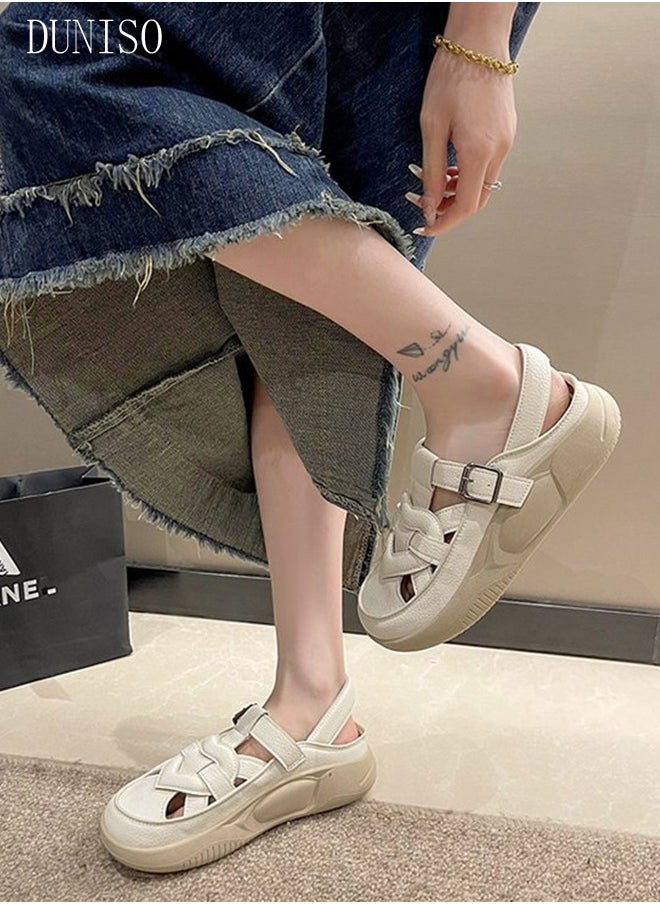 DUNISO Women's Sandals Fashion Leather Flat Sandals Thick-soled Shoes Comfortable Walking Sandal, Women's Summer Breathable Shoes for Travel Work School Beach  - Image 4
