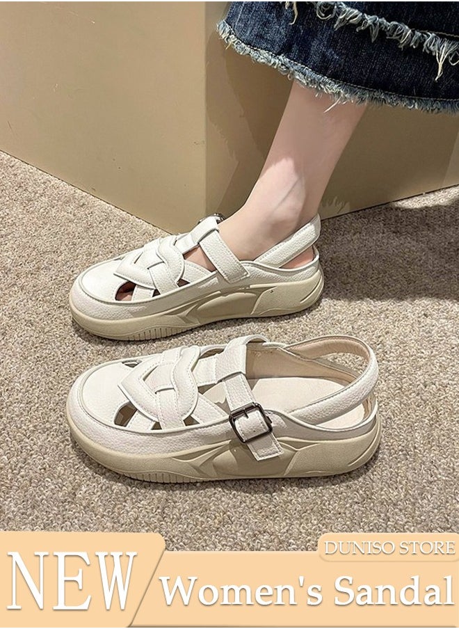 DUNISO Women's Sandals Fashion Leather Flat Sandals Thick-soled Shoes Comfortable Walking Sandal, Women's Summer Breathable Shoes for Travel Work School Beach  - Image 1