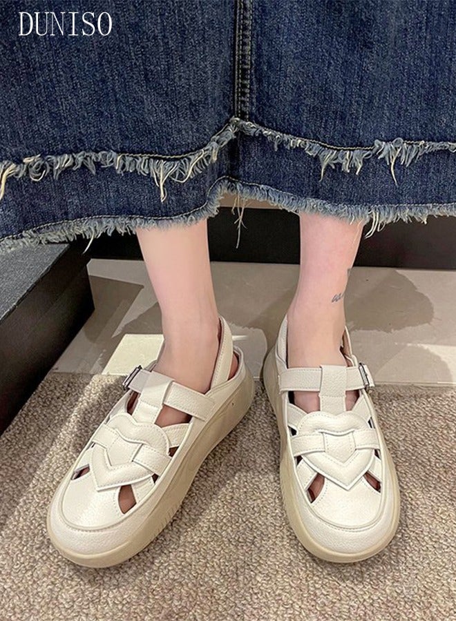 Women's Sandals Fashion Leather Flat Sandals Thick-soled Shoes Comfortable Walking Sandal, Women's Summer Breathable Shoes for Travel Work School Beach