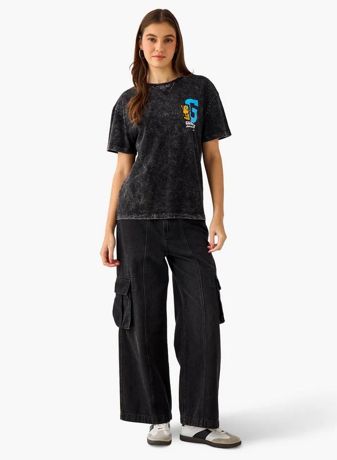 SP Characters Relaxed Fit Cotton Washed T-shirt with Garfield Applique