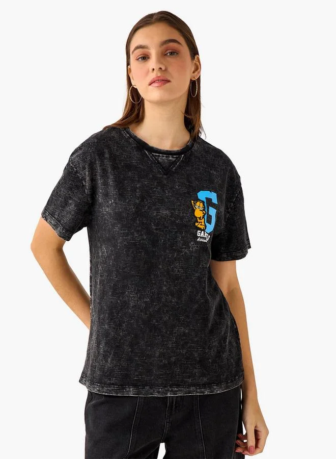 SP Characters Relaxed Fit Cotton Washed T-shirt with Garfield Applique