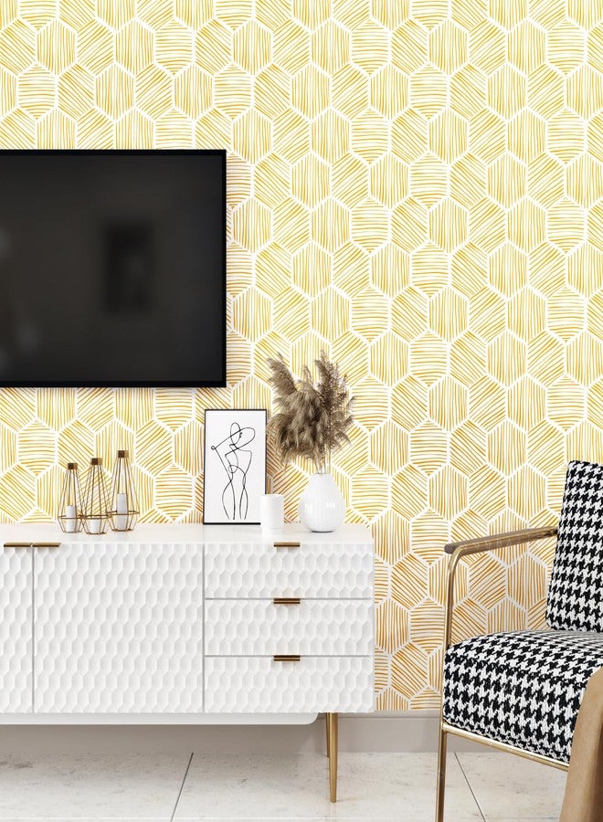 Wallercity Yellow Geometric Peel and Stick Wallpaper Hexagon Boho Self Adhesive Wallpapers Gold Stripe Contact Paper for Countertops Backdrop Vinyl Roll for Kitchen Bathroom Renter Friendly 17.5"x102" - Image 3