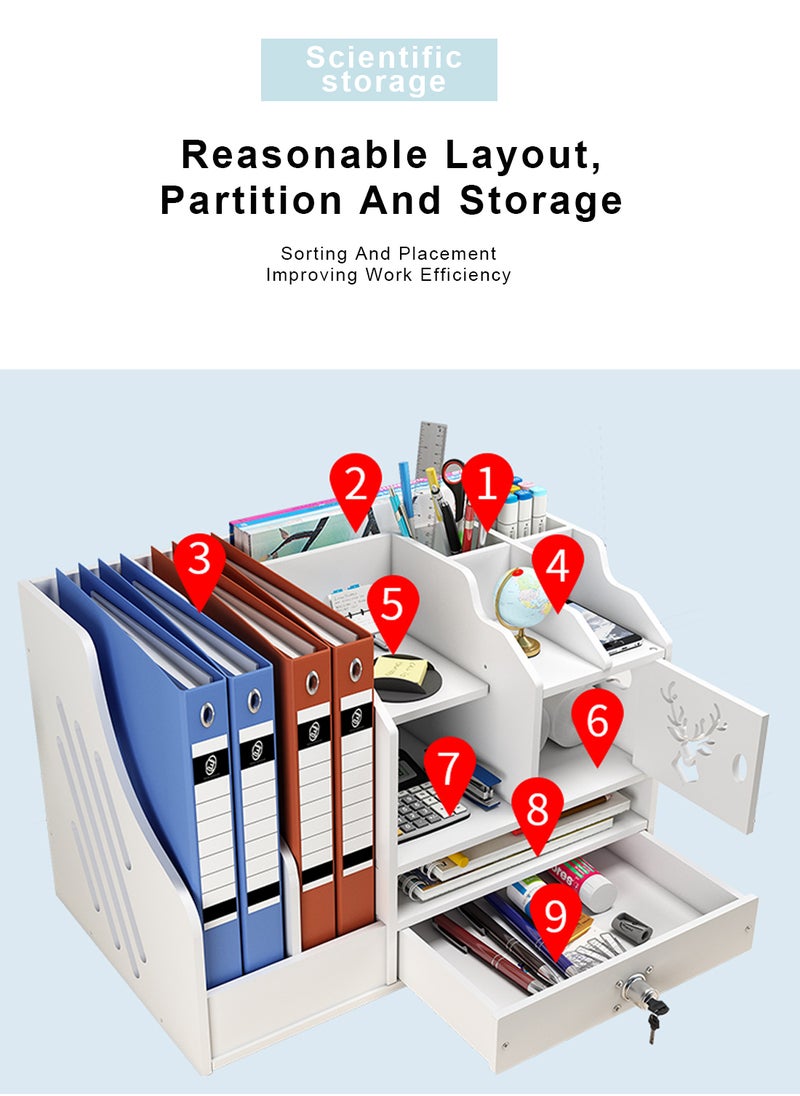 Kidle 4 Tier Multi-functional Office White Desktop Organizer A4 Paper File Holder With Locking Drawer Multifunctional Supplies Organizer Desk Mail Sorter Loose-leaf Holder Letter Tray Study Room Home  - Image 3
