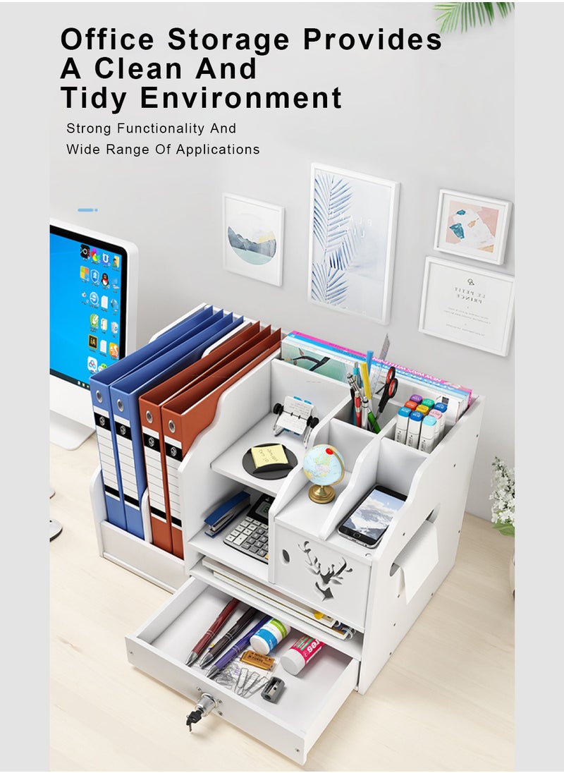 Kidle 4 Tier Multi-functional Office White Desktop Organizer A4 Paper File Holder With Locking Drawer Multifunctional Supplies Organizer Desk Mail Sorter Loose-leaf Holder Letter Tray Study Room Home  - Image 2