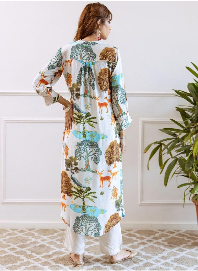 ISHIN Women's White Viscose Blend Printed Tunic Full Length Palazzo Straight Fit Kurta Set  - Image 3