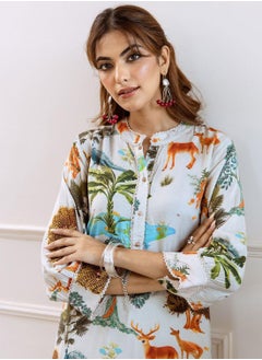 ISHIN Women's White Viscose Blend Printed Tunic Full Length Palazzo Straight Fit Kurta Set  - Image 5