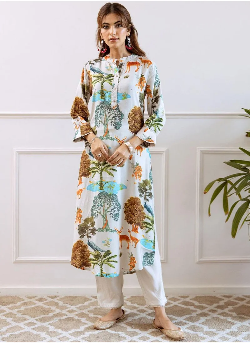 آي شين Women's White Viscose Blend Printed Tunic Full Length Palazzo Straight Fit Kurta Set