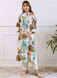 ISHIN Women's White Viscose Blend Printed Tunic Full Length Palazzo Straight Fit Kurta Set  - Image 1