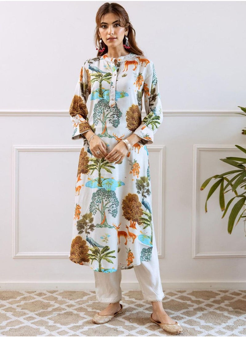 ISHIN Women's White Viscose Blend Printed Tunic Full Length Palazzo Straight Fit Kurta Set  - Image 1