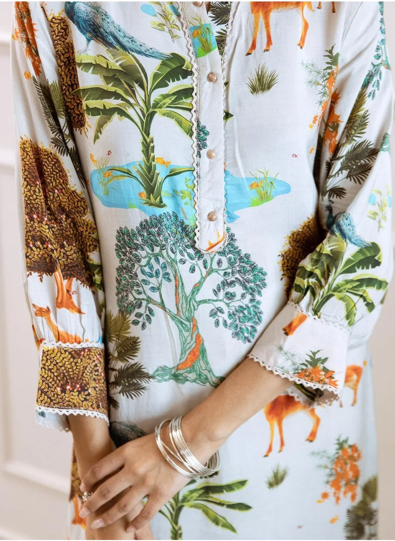 آي شين Women's White Viscose Blend Printed Tunic Full Length Palazzo Straight Fit Kurta Set