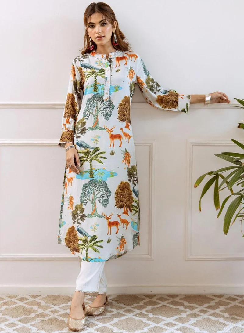 ISHIN Women's White Viscose Blend Printed Tunic Full Length Palazzo Straight Fit Kurta Set