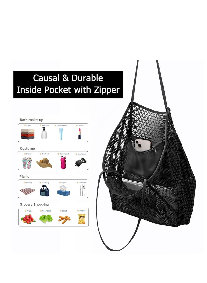 Generic Large Mesh Tote Bag for Women, Reusable Summer Beach and Shopping Bag, Casual Shoulder Bag with Zipper Pocket for Travel, Gym, Picnic, Lightweight Grocery Bag - Image 3