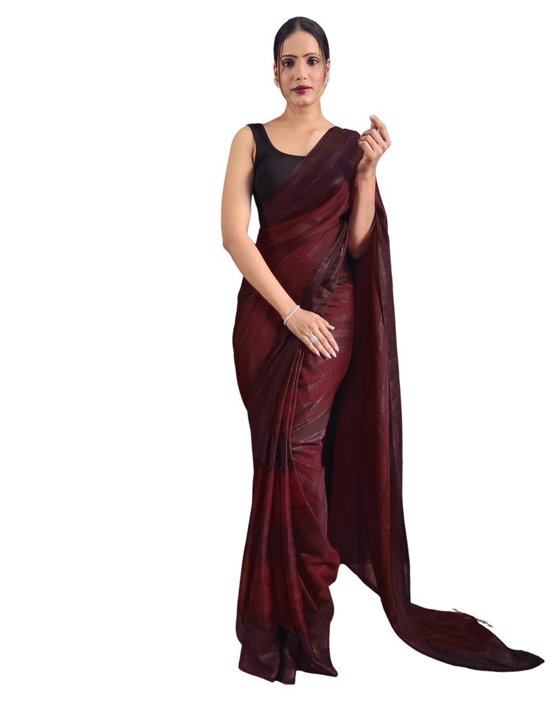 SIRIL Women's Georgette Printed Ready to Wear Saree, One Minute Stitched Saree with Unstitched blouse Piece (3374S366_Maroon) - Image 1