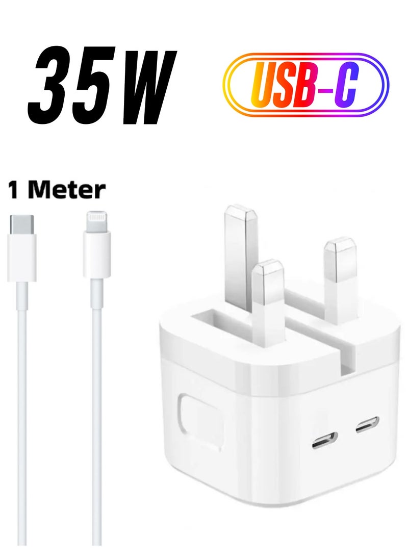 DIGI CORE - iPhone Charger 35W USB-C Dual Port Power Adapter iPhone Fast Charger With Type-C To Lightning Cable 1 Meter White USB C Wall Fast Charger Compatible With iPhone All Models - Image 1