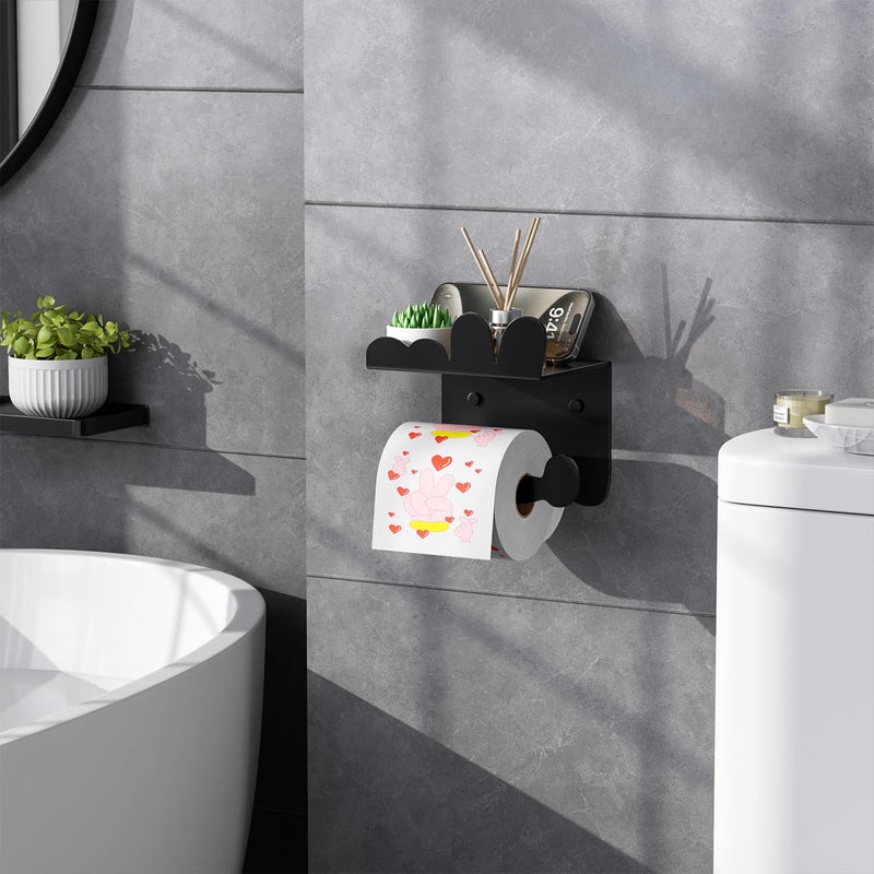 Tindbea Kids Toilet Paper Holder with Shelf Wall Mounted Stainless Steel Tissue Roll Holder  Rustproof & Multifunctional Bathroom Storage Dispenser Funny Bathroom Wall Decor (Matte Black) - Image 1