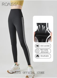 roaiss 2 Pack Women Striped Sweatpants Fitted Leggings Cropped Shorts High Elastic Fabric Yoga Fitness Pants Wear resistant and Anti wrinkle Can be Worn Outside Tighten the Waist Modify Body Proportions  - Image 4