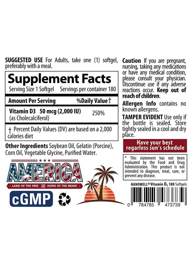 NANOWELL - NANOWELL Vitamin D3 2000 IU 180 Softgels X 2 Bottles - Immune Support Supplement (360 Count) - Image 1