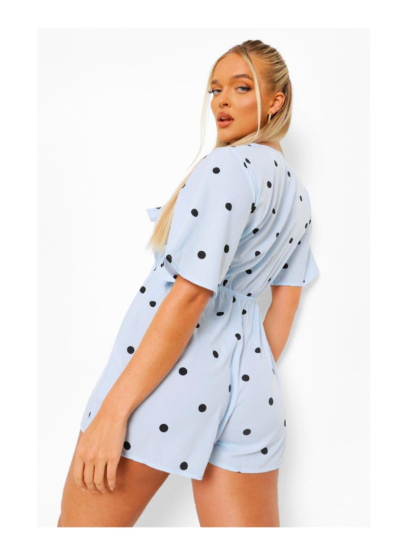 Polka Dot V Neck Tie Front Playsuit