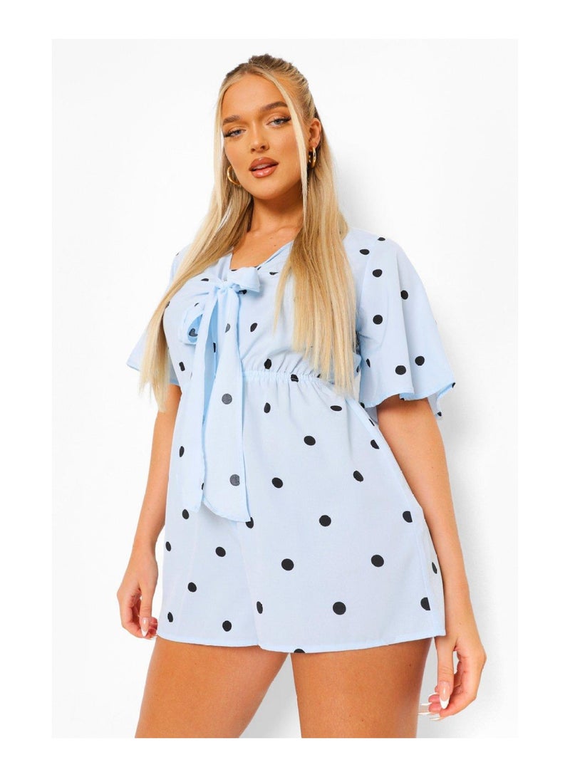 Polka Dot V Neck Tie Front Playsuit