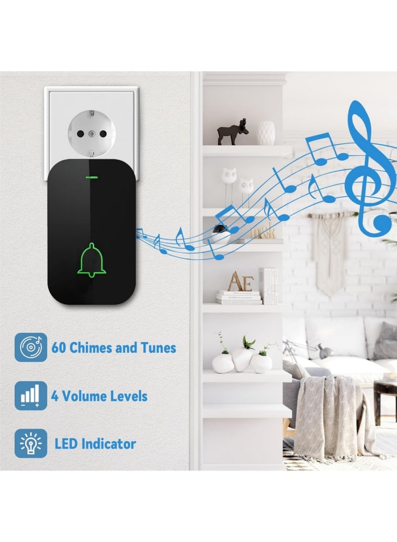 saykfoe Wireless Doorbell Plug in Waterproof Doorbell 2 Receivers and 1 Transmitter, Over 1000 Feet Range, 60 Sounds and 5 Levels of Volume, Cordless Doorbell  for Home Office Hotel Dormitory (Black) - Image 2