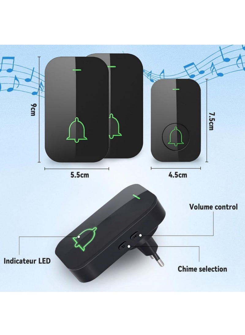 saykfoe Wireless Doorbell Plug in Waterproof Doorbell 2 Receivers and 1 Transmitter, Over 1000 Feet Range, 60 Sounds and 5 Levels of Volume, Cordless Doorbell  for Home Office Hotel Dormitory (Black) - Image 3