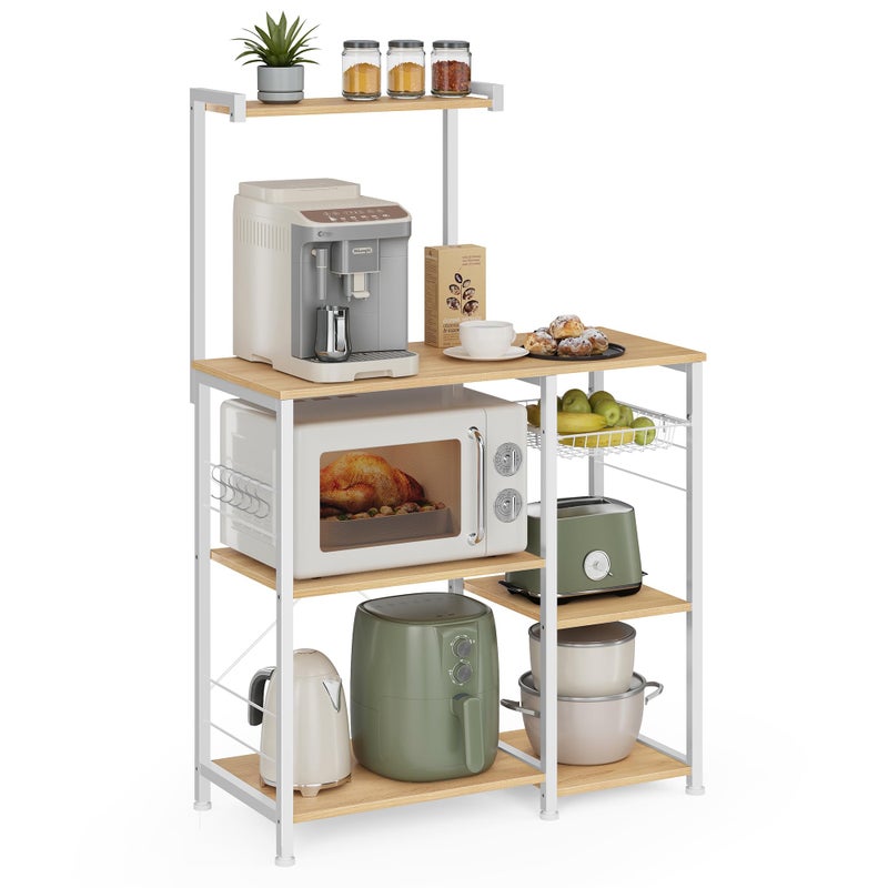 VASAGLE VASAGLE Bakers Rack Microwave Stand Kitchen Storage Rack with Wire Basket 6 Hooks and Shelves for Spices Pots and Pans Golden Oak and Cloud White UKKS035W09